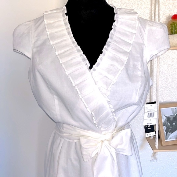🌾 Perceptions New York Beautiful White Ruffle Belted Midi Dress - Picture 4 of 14